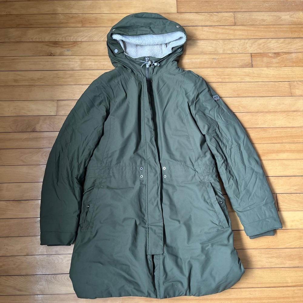 Helly Hansen Aden Insulated Parka Jacket Olive Green Sherpa Hood Womens Medium